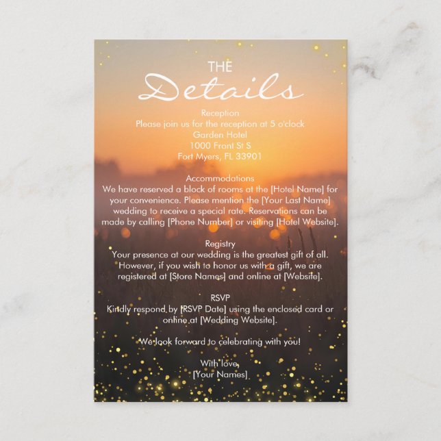 Tarjeta De Recepción Rustic Sunset Nature Fireflies Wedding Details (Anverso)
