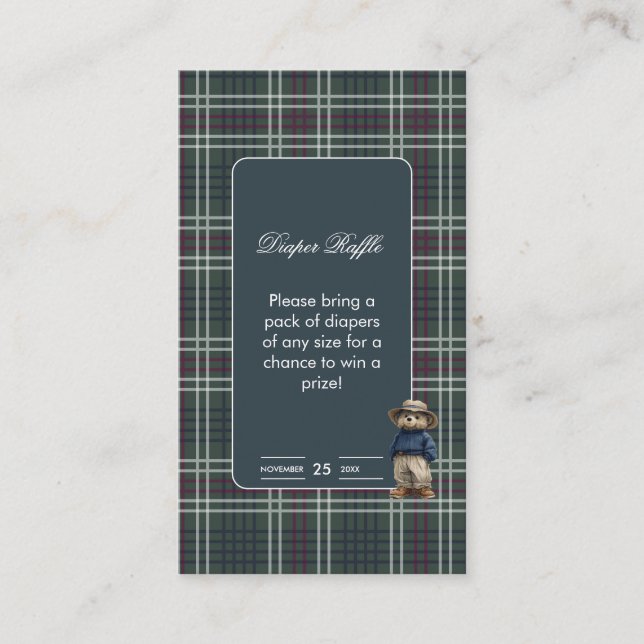 Tarjeta De Recepción Rustic Tartan Bear Baby Shower Diaper Raffle (Anverso)