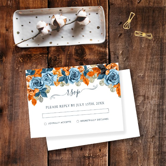 Tarjeta De Recepción Rustic Terracota Navy Blue Rust Fall Wedding RSVP (Subido por el creador)