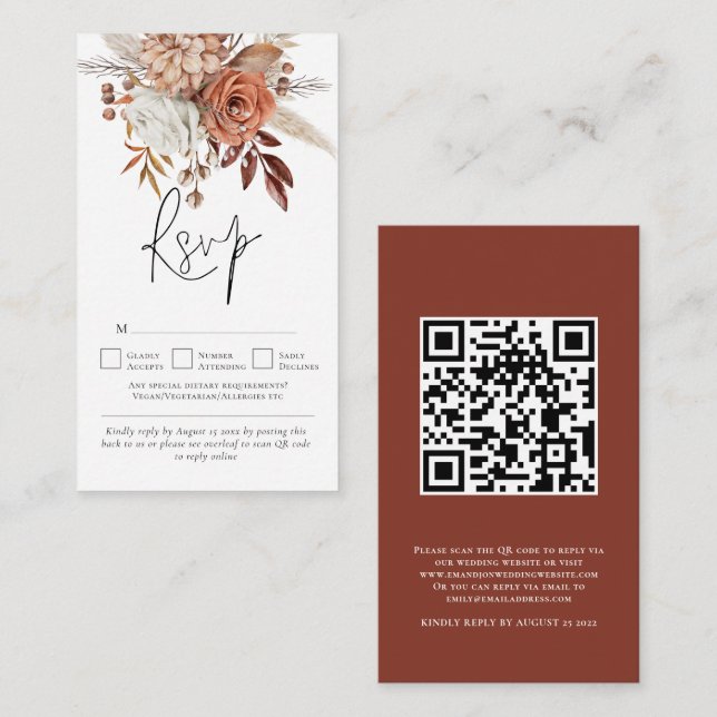 Tarjeta De Recepción Rustic Terracotta Florals QR Boda de código RSVP (Anverso / Reverso)