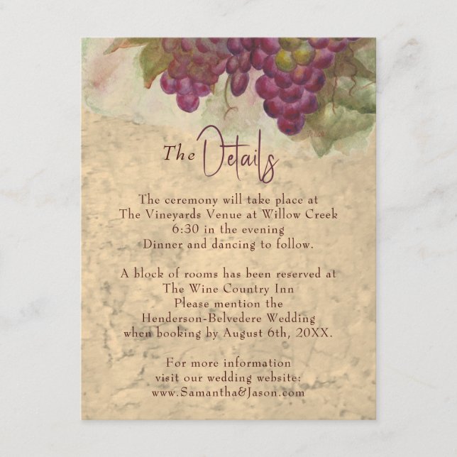 Tarjeta De Recepción Rustic Vineyard Wedding Details Enclosure Card (Anverso)