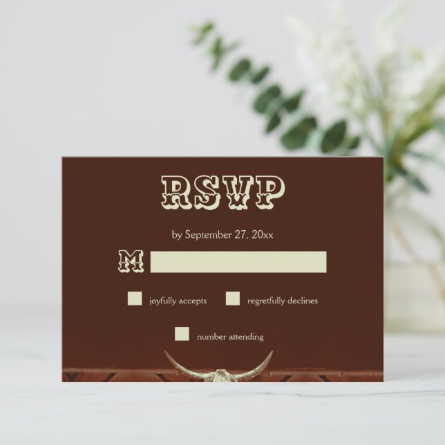 Tarjeta De Recepción Rustic Western Bull Skull Wedding RSVP (Anverso de pie)