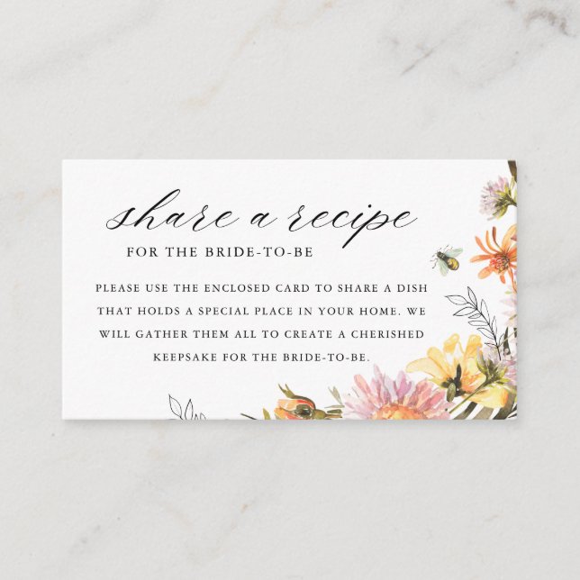 Tarjeta De Recepción Rustic Wildflower Bee Bridal Shower Recipe Request (Anverso)