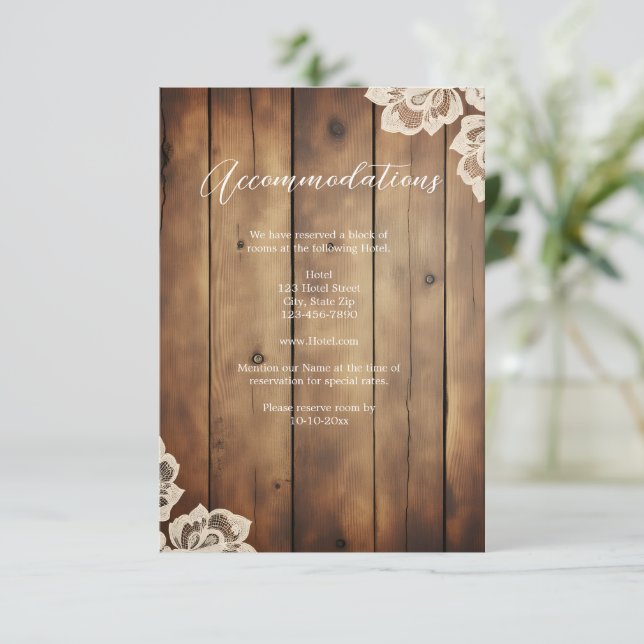 Tarjeta De Recepción Rustic Wood and Lace Wedding Accommodation  (Anverso de pie)