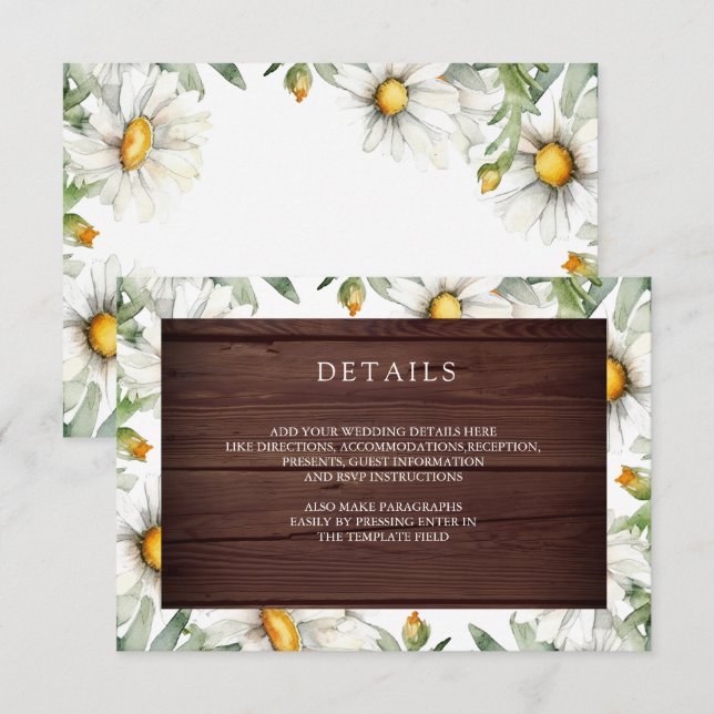 Tarjeta De Recepción Rustic Wood Daisies Floral Wedding Details (Anverso / Reverso)