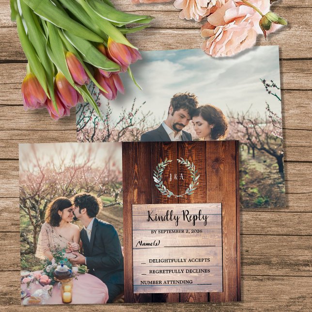 Tarjeta De Recepción Rustic wood monogram photo Wedding budget RSVP (Rustic wood monogram photo Wedding budget RSVP Enclosure Card. You can add your own photos.)