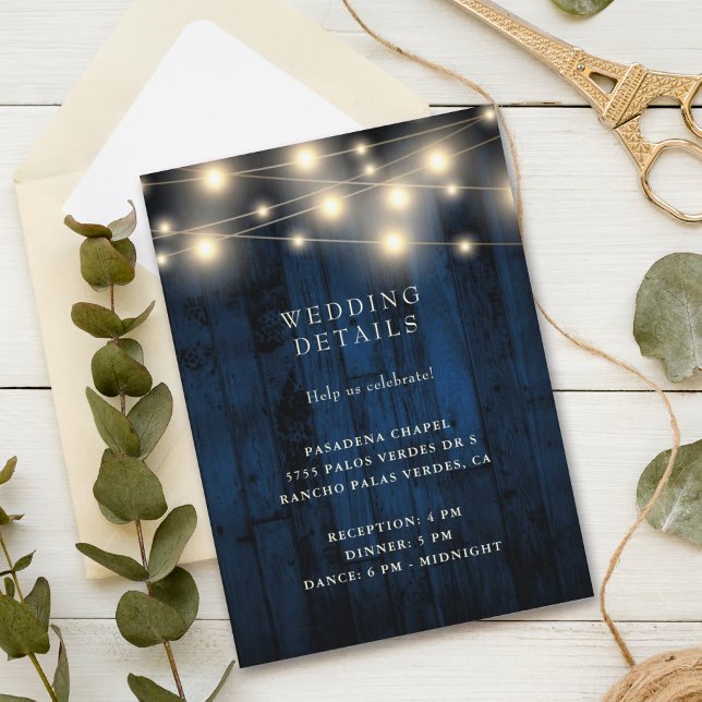 Tarjeta De Recepción Rustic Wood Navy String Lights Wedding Reception (Subido por el creador)