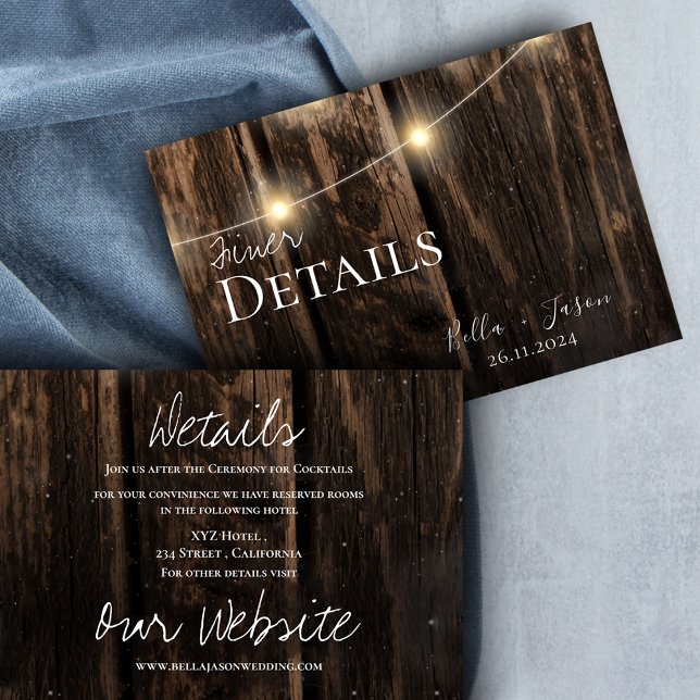 Tarjeta De Recepción Rustic Wood String ilumina los detalles de la boda (Subido por el creador)