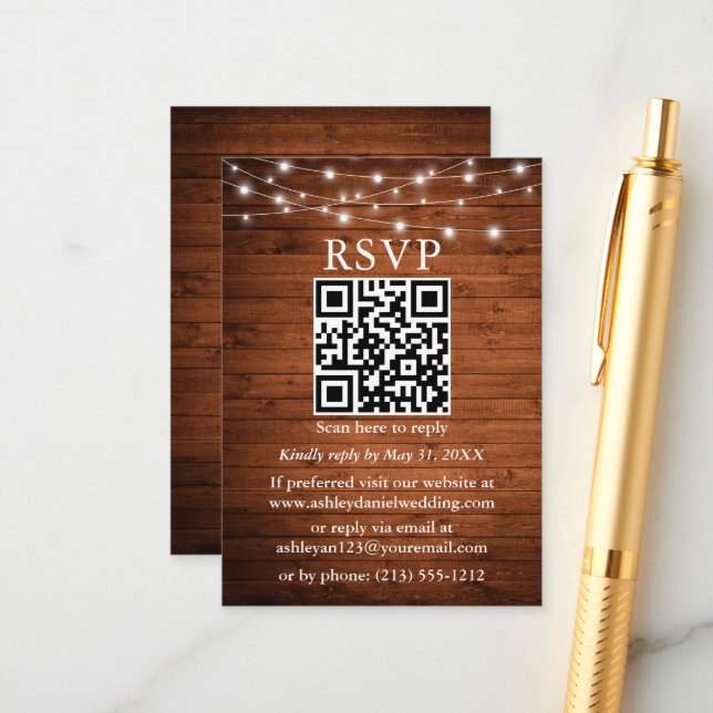 Tarjeta De Recepción Rustic Wood String Lights QR Wedding RSVP (Anverso/Reverso In Situ)