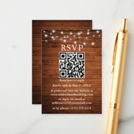 Tarjeta De Recepción Rustic Wood String Lights QR Wedding RSVP
