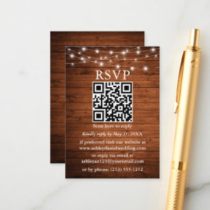 Tarjeta De Recepción Rustic Wood String Lights QR Wedding RSVP