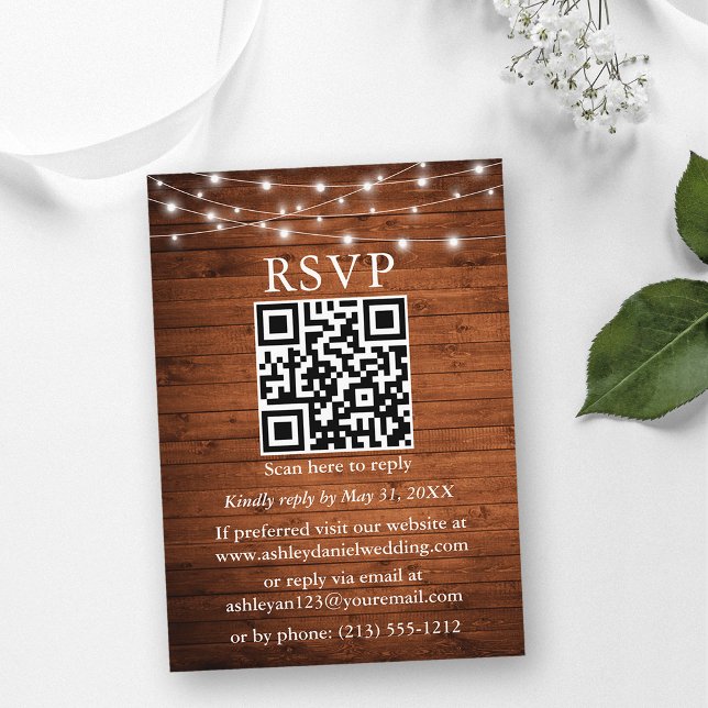 Tarjeta De Recepción Rustic Wood String Lights QR Wedding RSVP (Customize with your QR code image and text.)