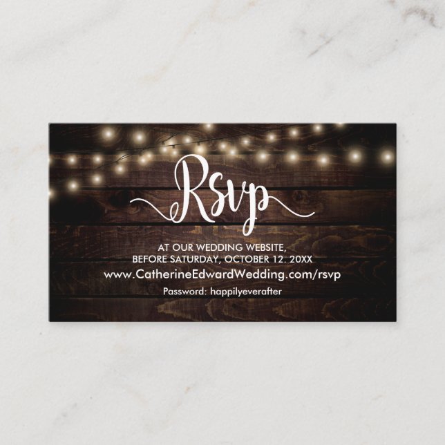 Tarjeta De Recepción Rustic Wood, String Lights, sitio web RSVP en líne (Anverso)
