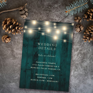 Tarjeta De Recepción Rustic Wood Verde azulada String Lights Wedding Re