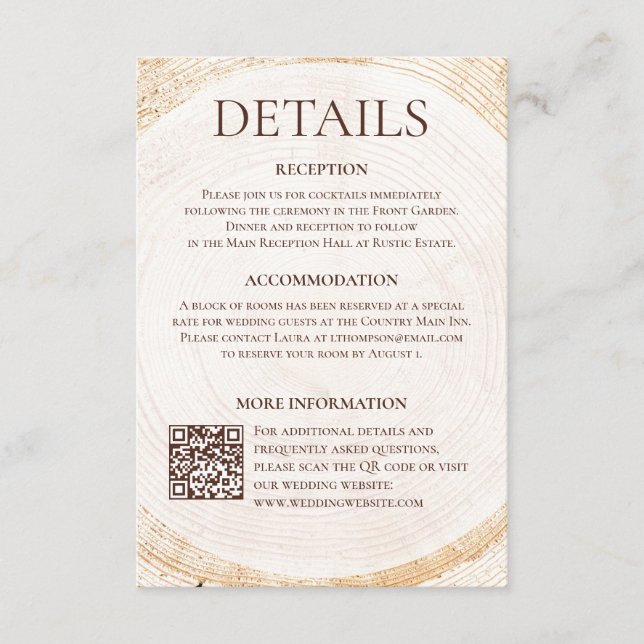 Tarjeta De Recepción Rustic Woodland Wedding Details Card with QR code (Anverso)