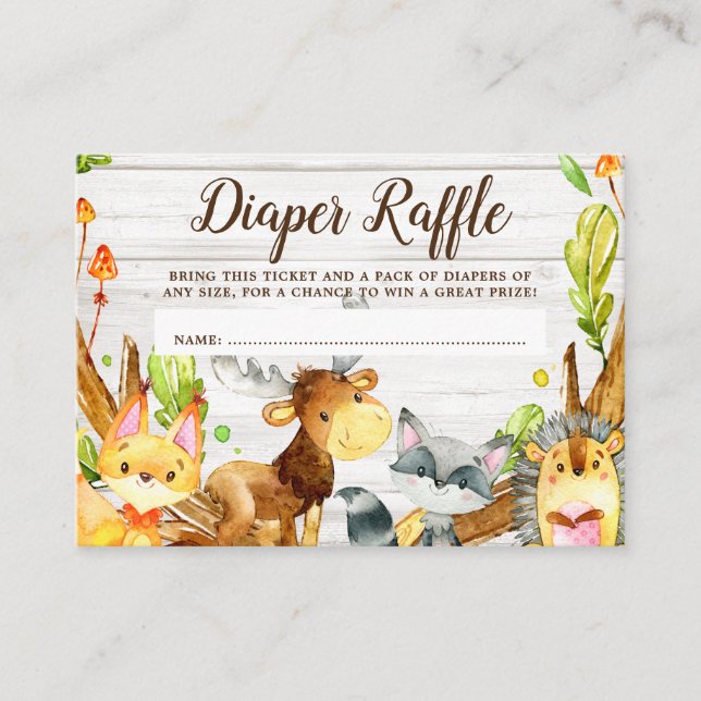 Tarjeta De Recepción Rústica acuarela Woodland Animales Diaper Raffle (Anverso)