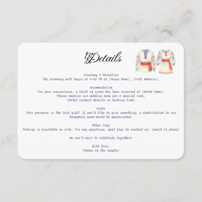 Tarjeta De Recepción Rústica Boda rumana Vestidos folclóricos tradicion (Anverso)