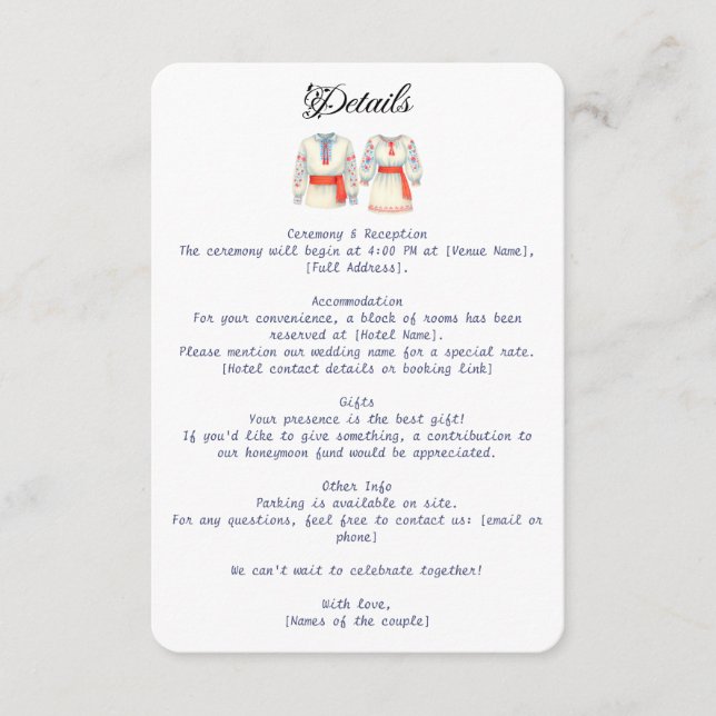 Tarjeta De Recepción Rústica Boda rumana Vestidos folclóricos tradicion (Anverso)