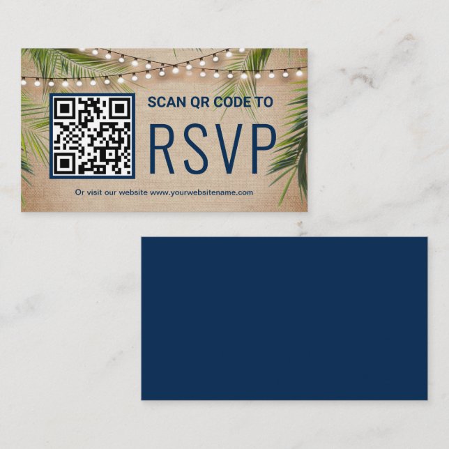 Tarjeta De Recepción Rústica Burlap Palm Tropical Código QR Boda RSVP (Anverso / Reverso)