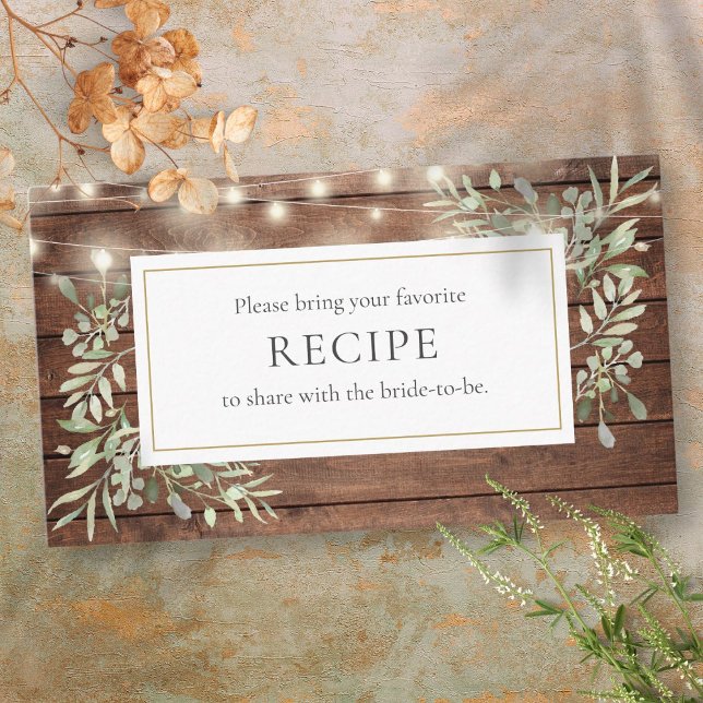 Tarjeta De Recepción Rústica cuerda ilumina verde receta de ducha de no (Rustic String Lights Greenery Bridal Shower Recipe Enclosure Card)