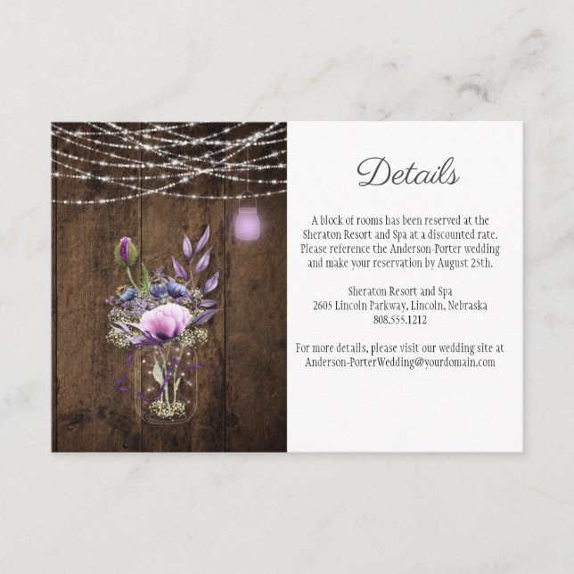 Tarjeta De Recepción Rústica de las cadenas alumbran a Mason Jar Violet (Anverso)