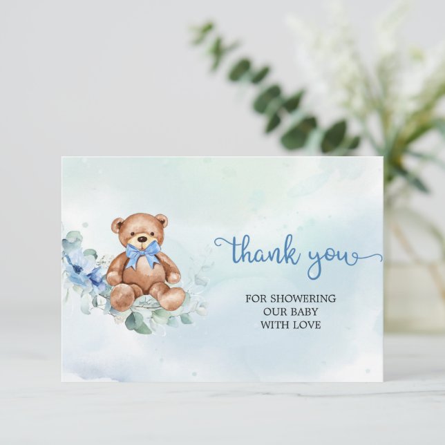 Tarjeta De Recepción Rústica Floral Azul Floral Teddy Bear Gracias (Anverso de pie)