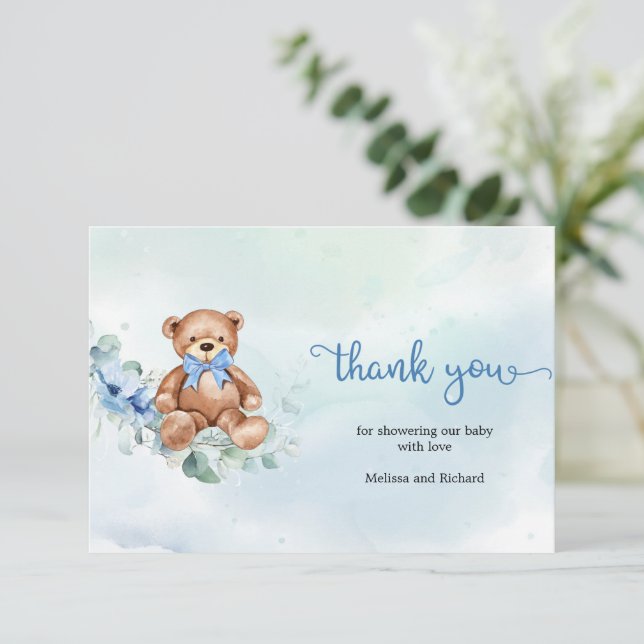 Tarjeta De Recepción Rústica Floral Azul Floral Teddy Bear Gracias (Anverso de pie)