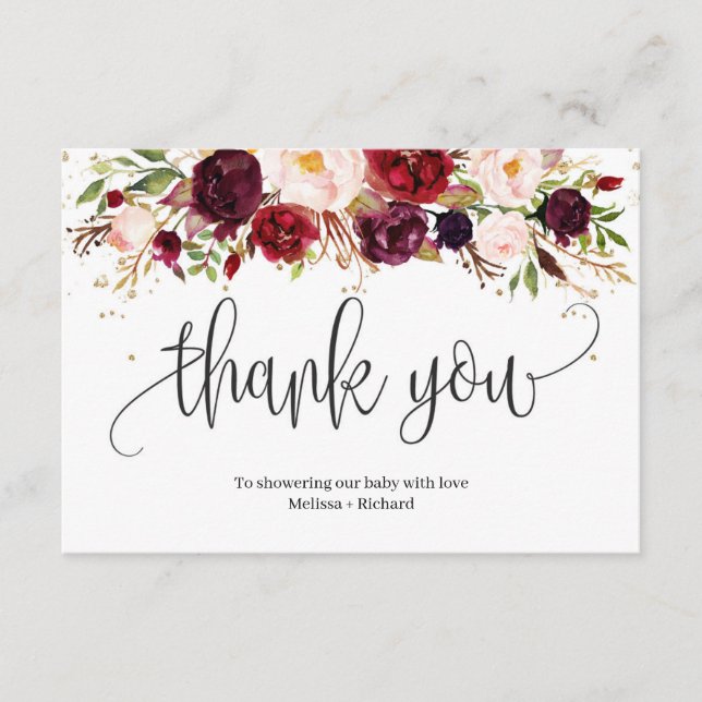 Tarjeta De Recepción Rústica marsala burgundy floral ducha de bebé de o (Anverso)