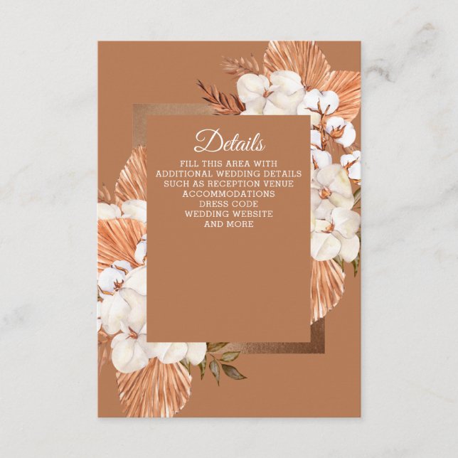 Tarjeta De Recepción Rústica Terracota Boho Pampas Orchids Boda (Anverso)