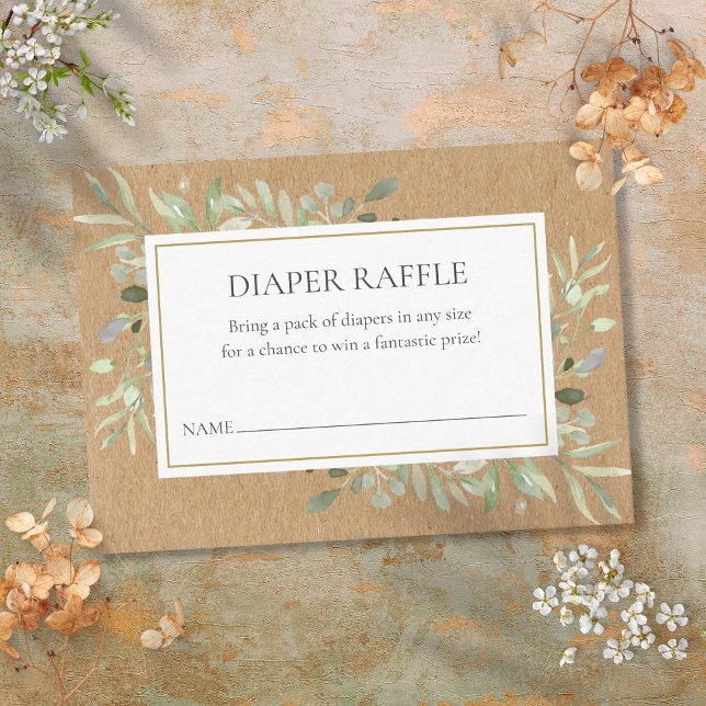 Tarjeta De Recepción Rústica Vegetación Acuarela Diaper Ducha Raffle (Rustic Greenery Watercolor Diaper Raffle Shower Enclosure Card)