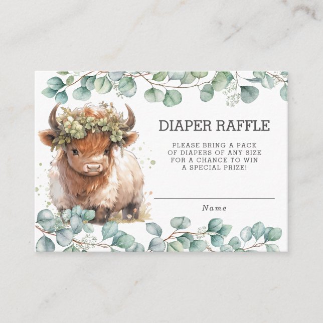 Tarjeta De Recepción Rústica vegetación bebé Highland Cow Diaper Raffle (Anverso)