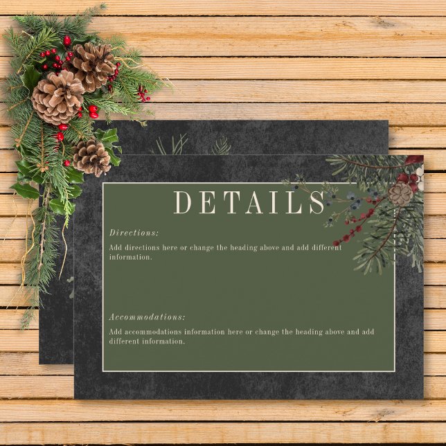 Tarjeta De Recepción Rústicas Berries de invierno y detalles de pino ne (Rustic Winter Berries & Pine Black Wedding Details Card)
