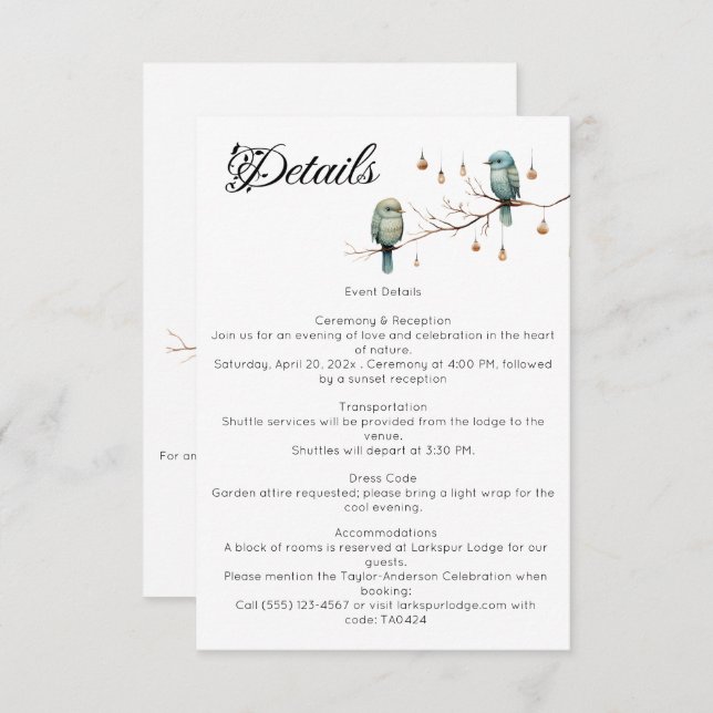 Tarjeta De Recepción Rústico Boda romántico de los pájaros de los bosqu (Anverso / Reverso)