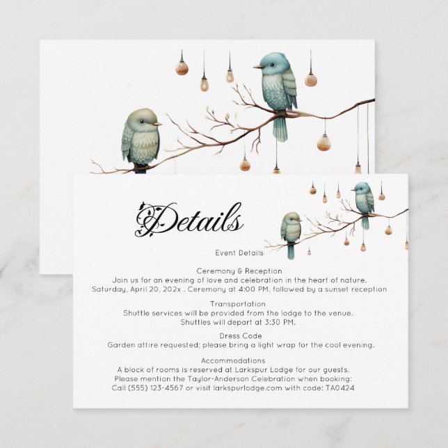 Tarjeta De Recepción Rústico Boda romántico de los pájaros de los bosqu (Anverso / Reverso)