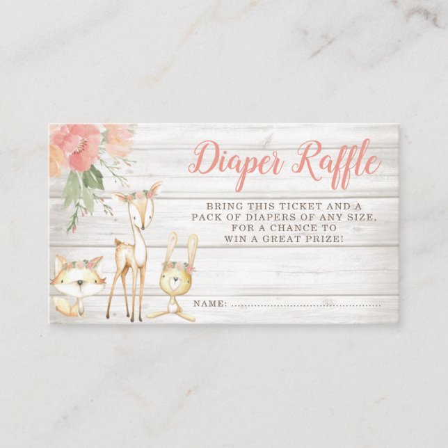Tarjeta De Recepción Rústico Floral Woodland Animales Chica Diaper Raff (Anverso)