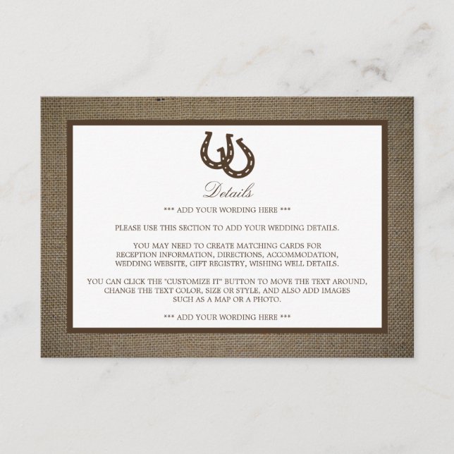 Tarjeta De Recepción Rústico Herradura del País En El Detalle Del Boda  (Anverso)