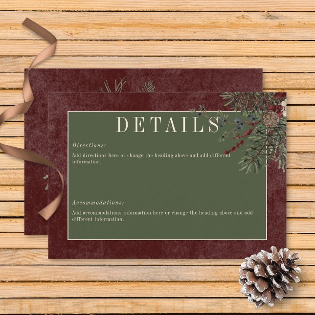 Tarjeta De Recepción Rústico invierno Berries y detalles de borgoña de  (Rustic Winter Berries & Pine Burgundy Wedding Details Card)