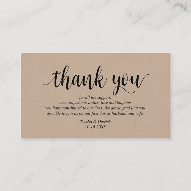 Tarjeta De Recepción Rústico Kraft, Black Script, Boda Gracias (Anverso)