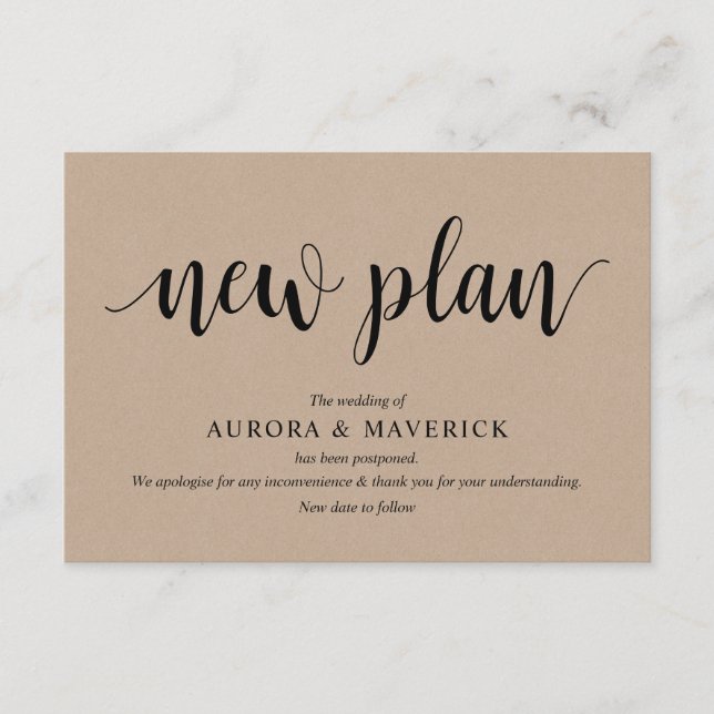 Tarjeta De Recepción Rústico Kraft, negro, Boda pospuesto, editable (Anverso)