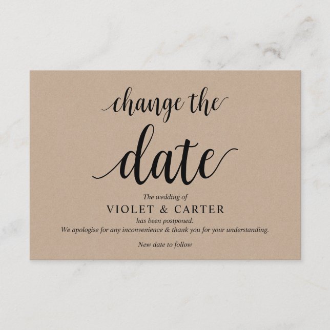 Tarjeta De Recepción Rústico Kraft, negro, Boda pospuesto, editable (Anverso)
