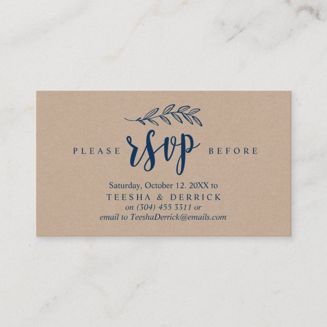 Tarjeta De Recepción Rústico moderno, azul marino, partido de bodas RSV (Anverso)