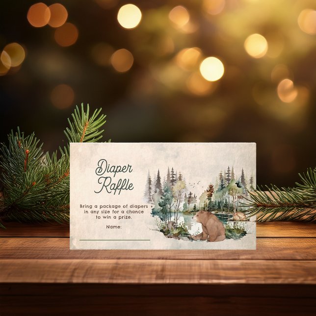 Tarjeta De Recepción Rústico oso forestal Baby Shower Diaper Raffle (Rustic Woodland Bear and Forest Animals Baby Shower "Diaper Raffle" Insert -- "Oh Boy" Collection)