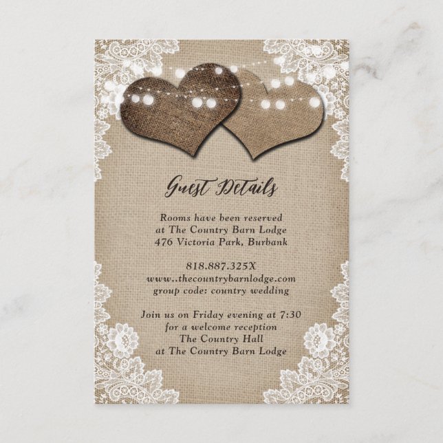 Tarjeta De Recepción Rústico País Burlap Floral Lace Boda (Anverso)