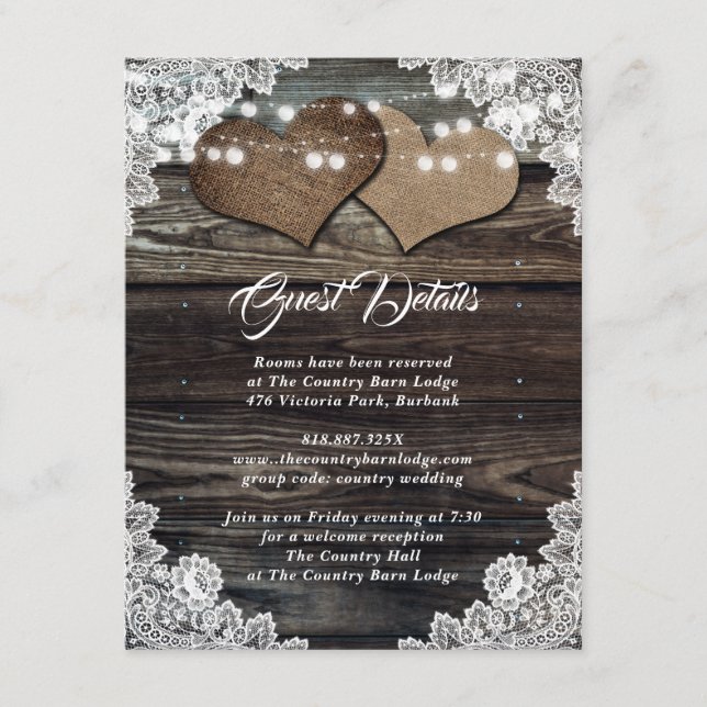 Tarjeta De Recepción Rústico País Madera Burlap Floral Lace Boda (Anverso)