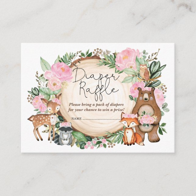 Tarjeta De Recepción Rústico Pink Floral Woodland Animales Diaper Raffl (Anverso)