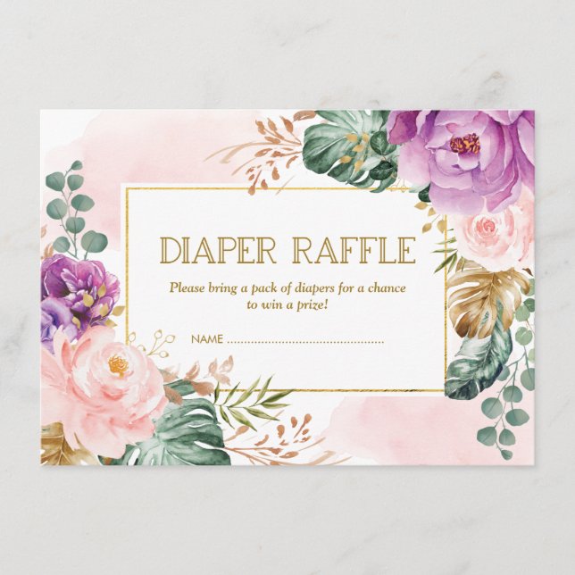 Tarjeta De Recepción Rústico Rubor Purple Tropical Floral Diaper Raffle (Anverso)