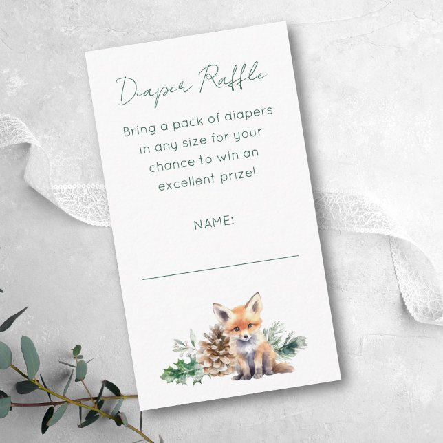 Tarjeta De Recepción Rústicos animales de Woodland Baby Shower Diaper R (This woodland Diaper Raffle card with winter greenery is perfect for a rustic baby shower.)