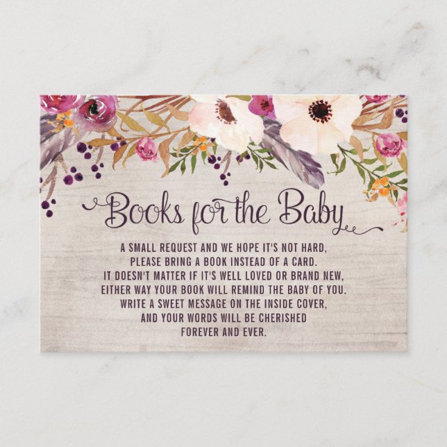 Tarjeta De Recepción Rústicos libros florales tribales para bebé con ta (Anverso)