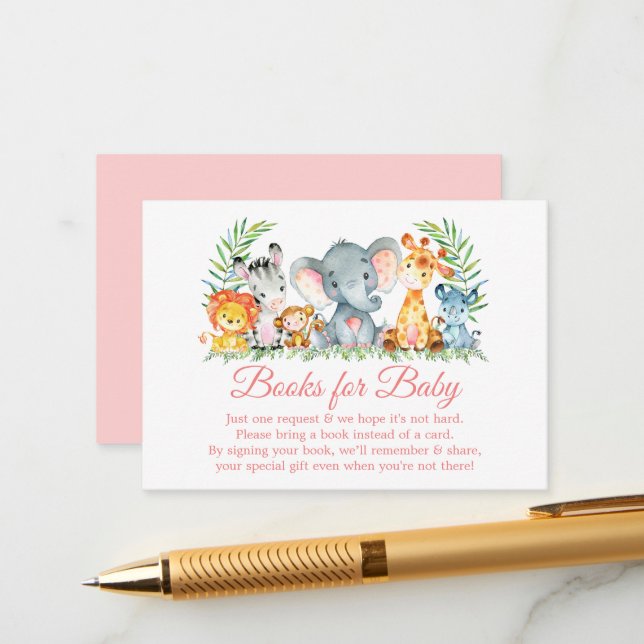 Tarjeta De Recepción Safari acuarela, animales, libros rosados para el  (Anverso/Reverso In Situ)