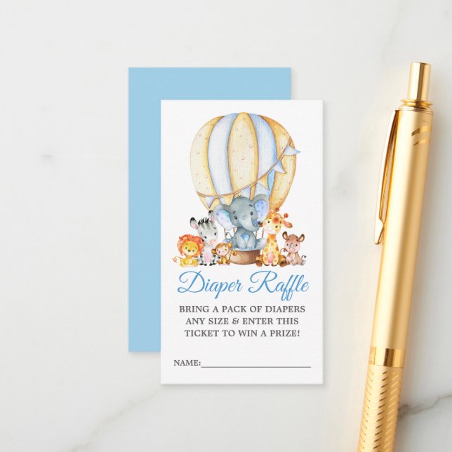 Tarjeta De Recepción Safari Animales Globos Azules Ducha Diaper Raffle (Anverso/Reverso In Situ)